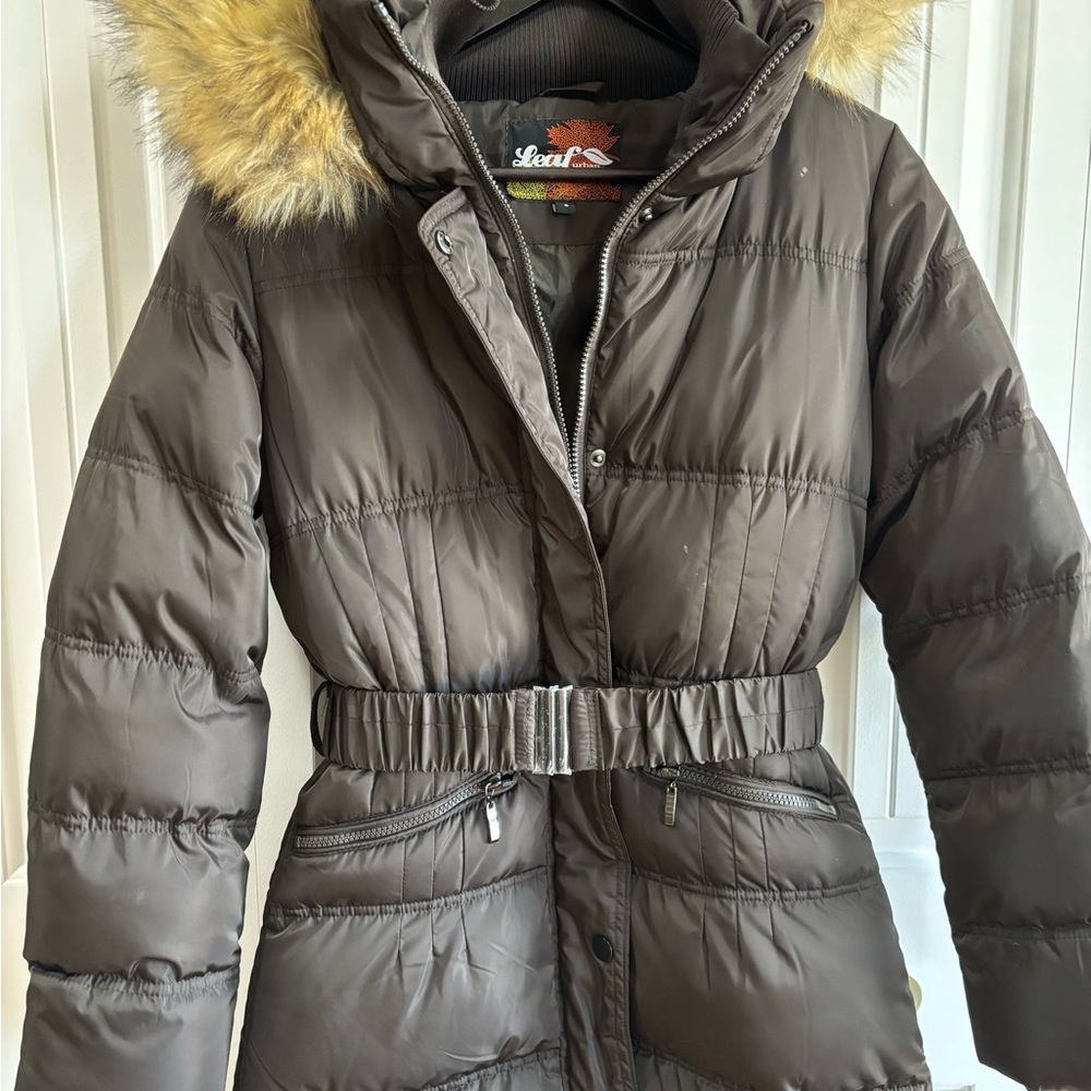 NWOT Women's Brown Puffer Jacket with Fur Hood